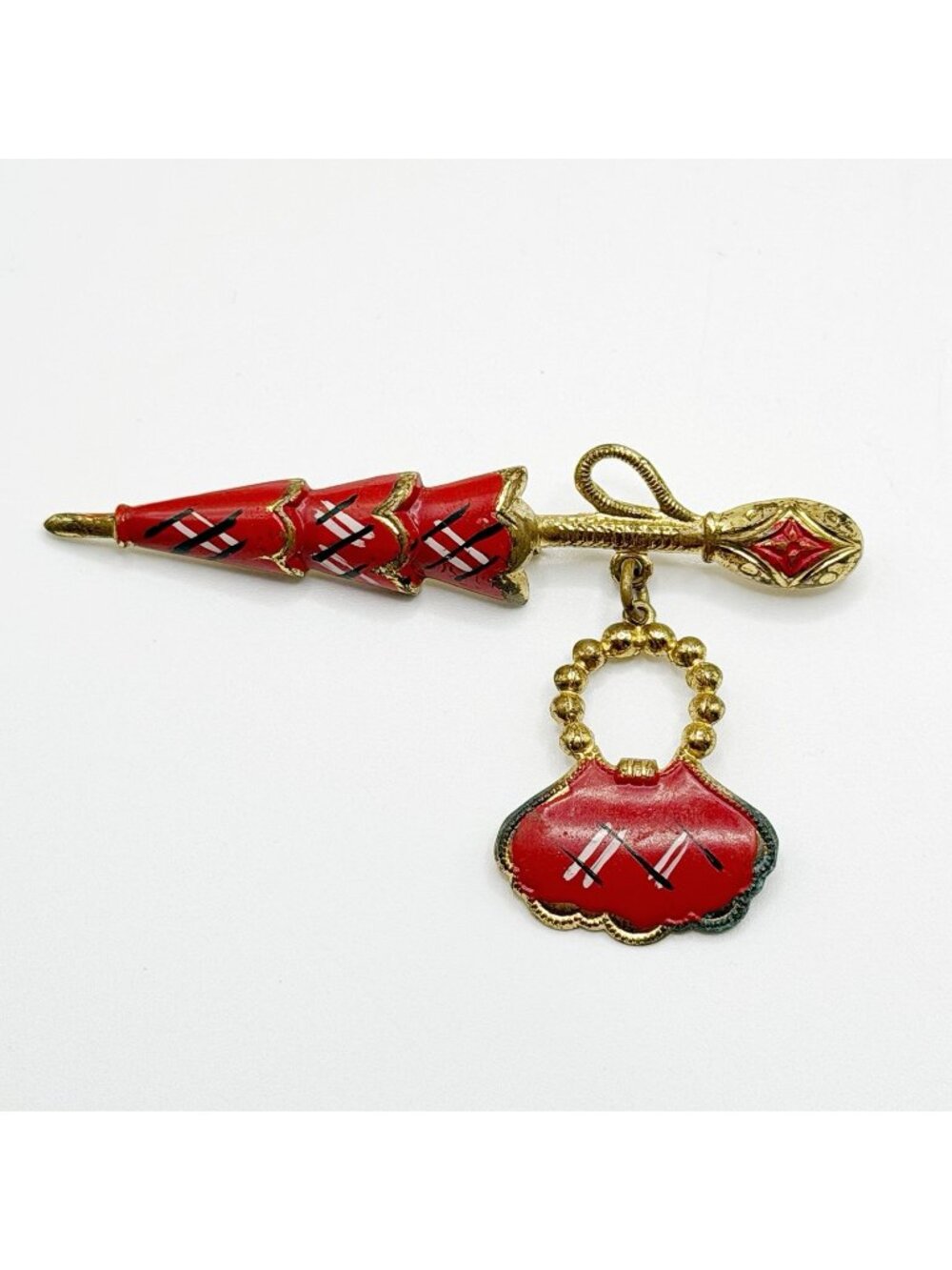 Vintage Red White And Black Enamel Gold Tone Umbrella With Purse Pin Brooch